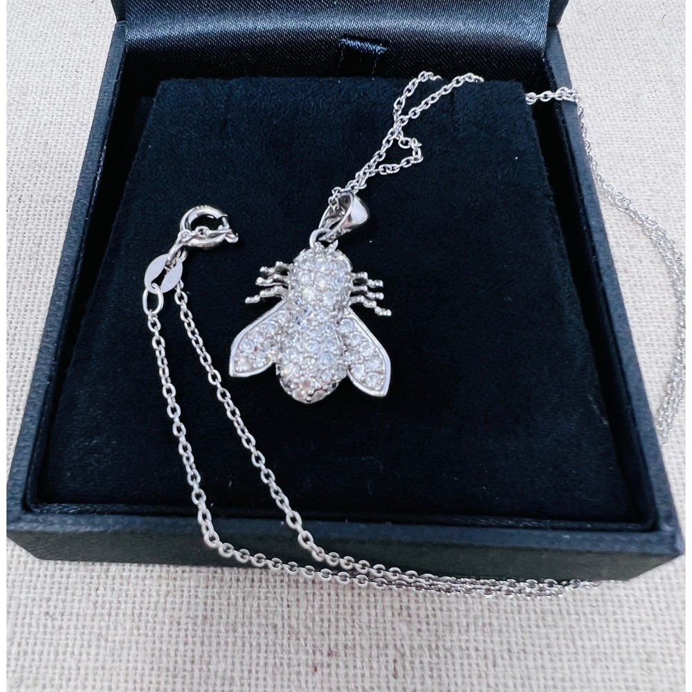 Sterling Silver Pave Zirconia Bee Pendant Necklace Indonesia